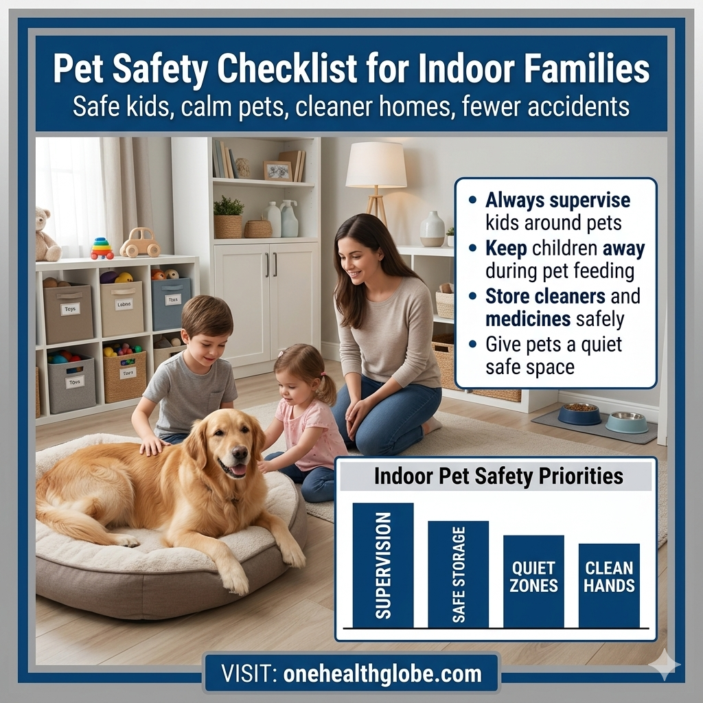 pet safety checklist for families with kids living indoor with supervised child and pet in a safe clean home