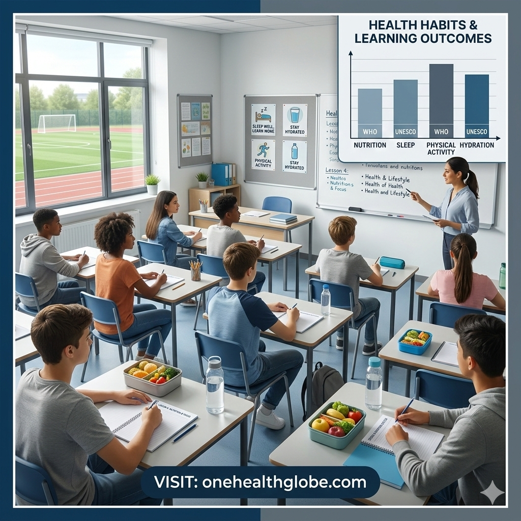 Healthy lifestyle and learning in a school institute with students eating well, staying active, and studying in a clean classroom