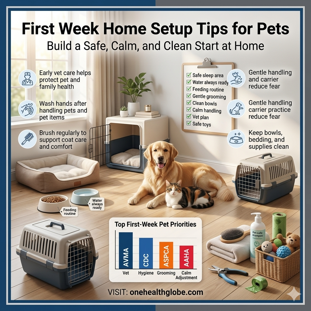 First week home setup tips for pets showing safe pet space, food and water area, bedding, grooming tools, and calm home routine