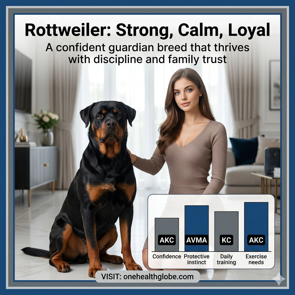 Rottweiler dog with a beautiful 25-year-old blue-eyed woman in a dress, interacting confidently in a premium safe home