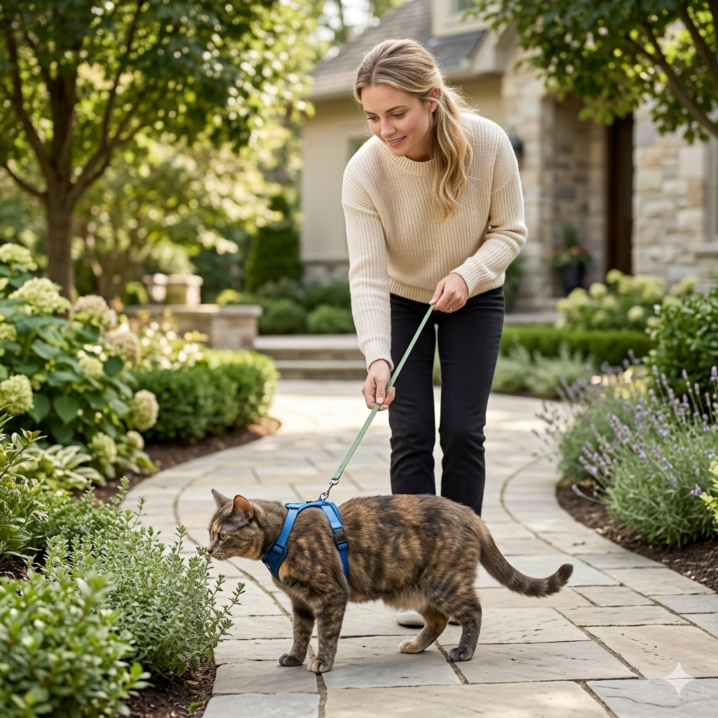Realistic woman leash-training a cat outdoors with a secure harness in a calm garden path setting