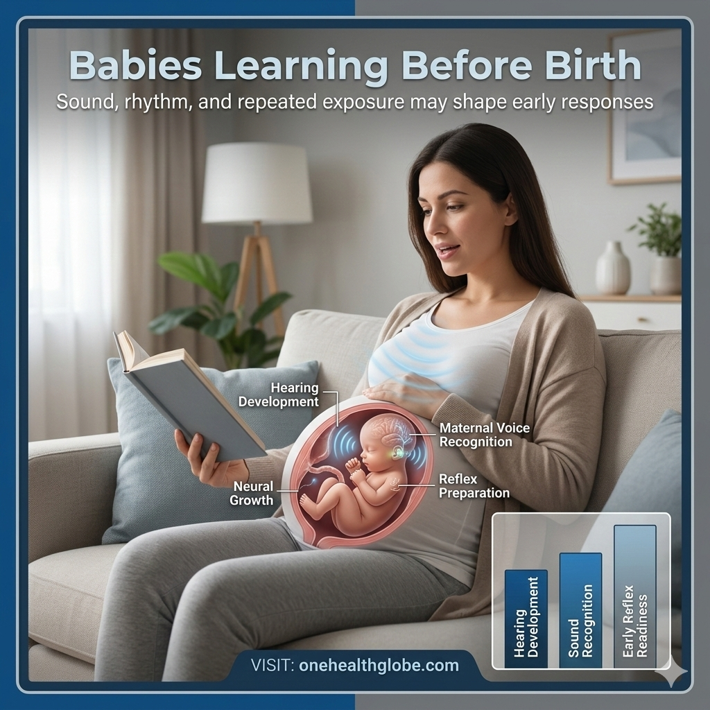 babies learning before birth shown through a realistic prenatal development and sound-response scene