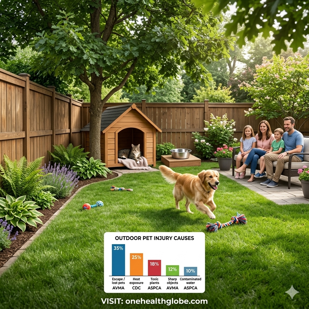 Safe outdoor environment for pets in a secure backyard with fenced area, shaded pet space, and clean water for dogs and cats