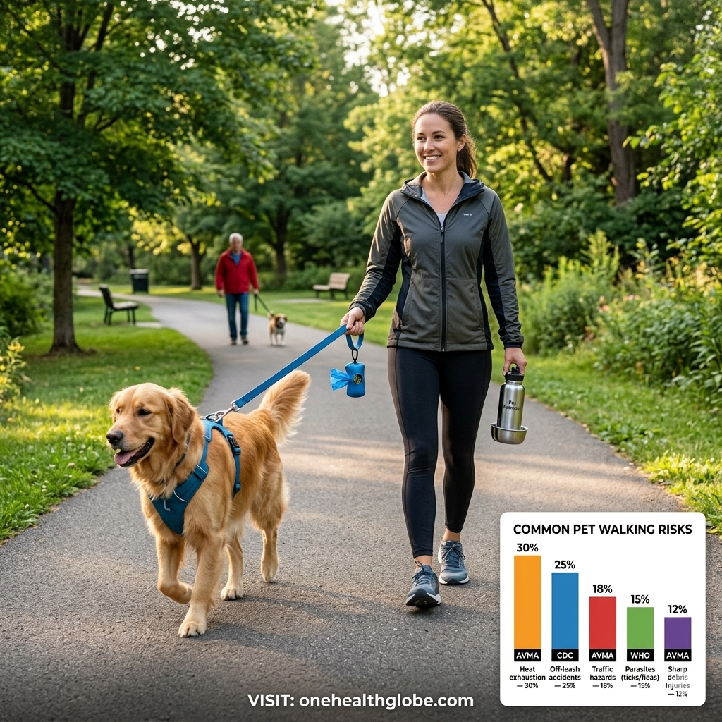 Safe walking tips with pets showing a dog owner walking a dog safely on a leash in a park environment
