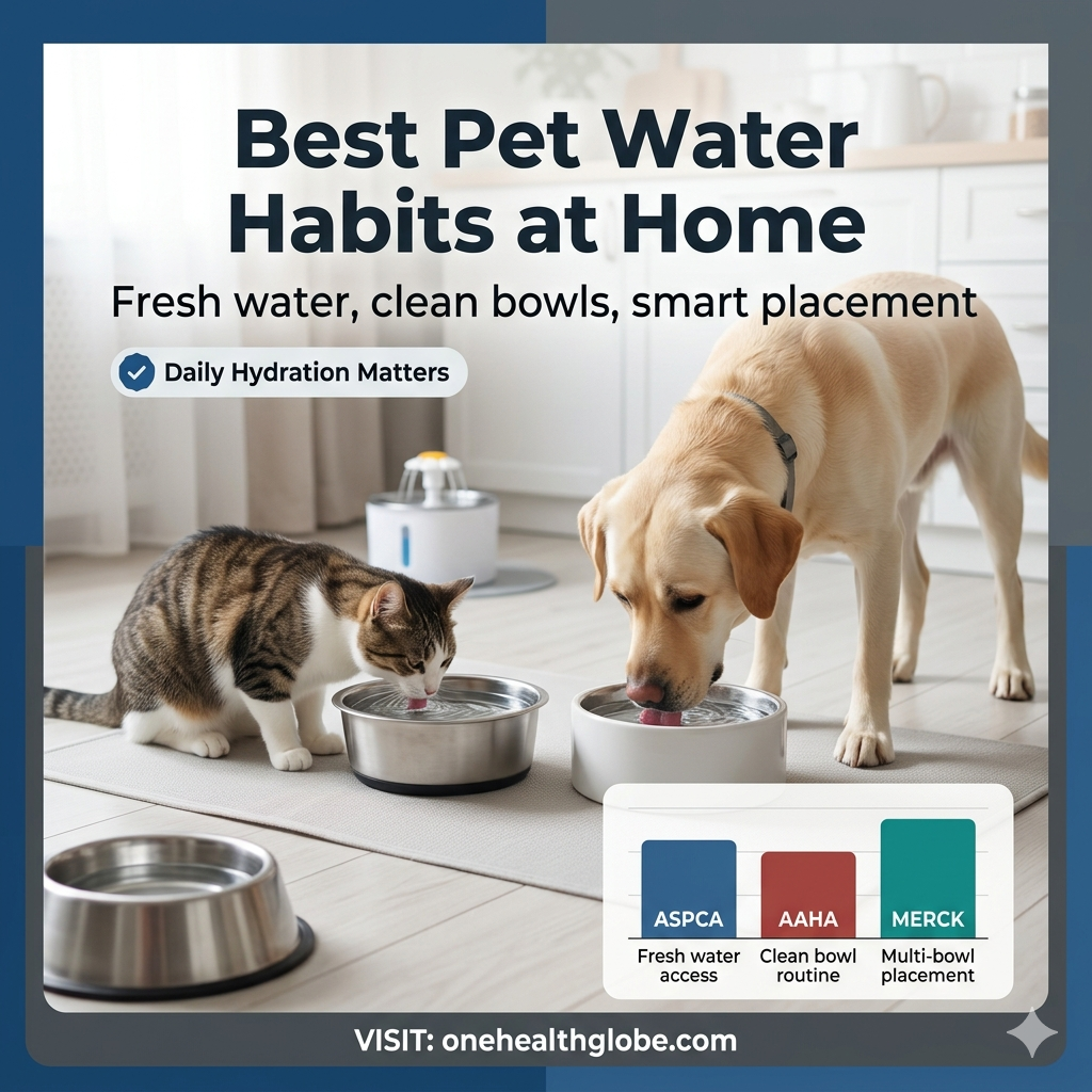 Best pet water habits at home with a dog and cat drinking from clean bowls in a bright kitchen hydration station