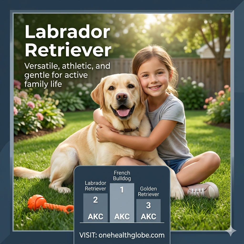 Labrador Retriever versatile family dog playing with a young girl in a bright family backyard
