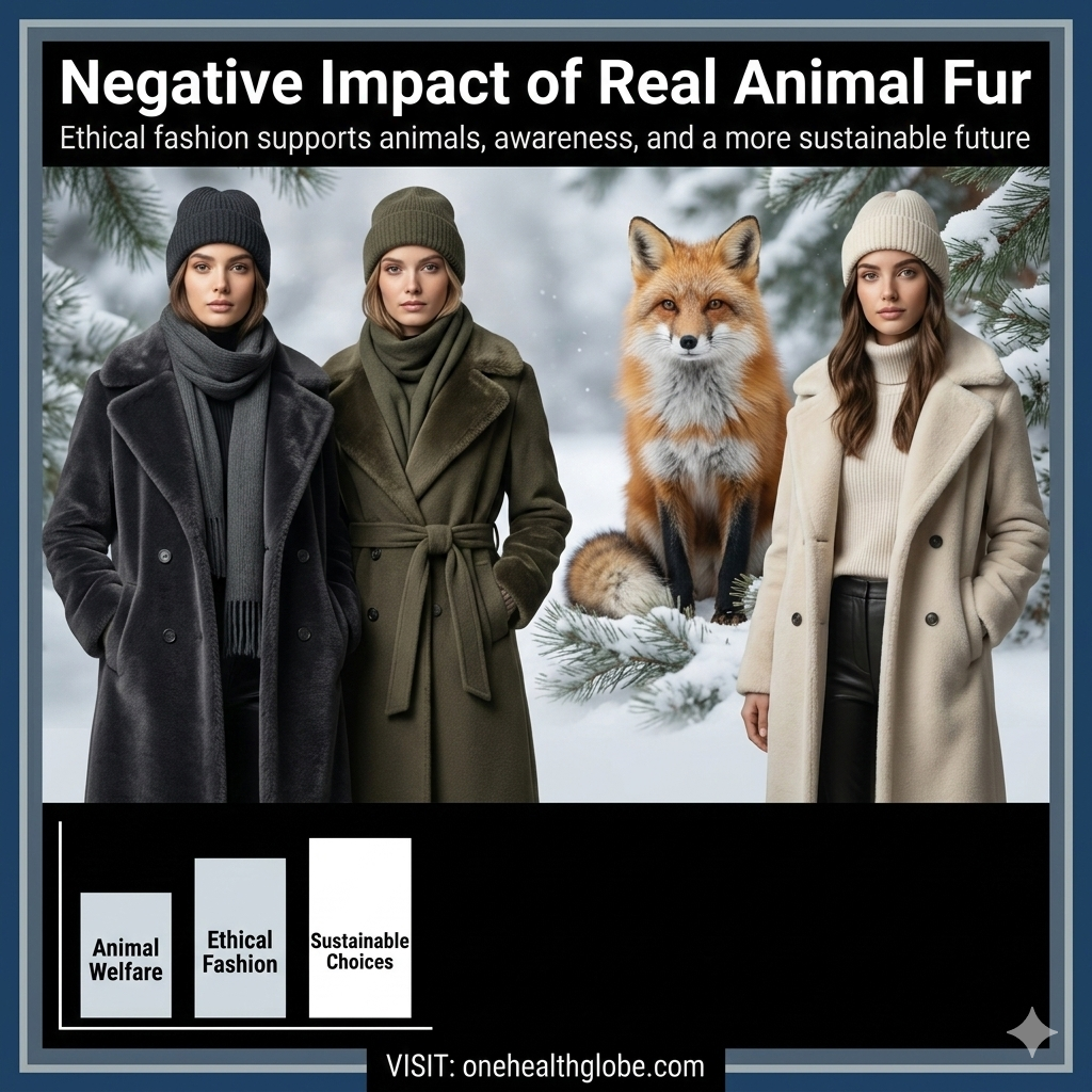 negative impact of real animal fur shown in an ethical fashion awareness visual with sustainable clothing alternatives