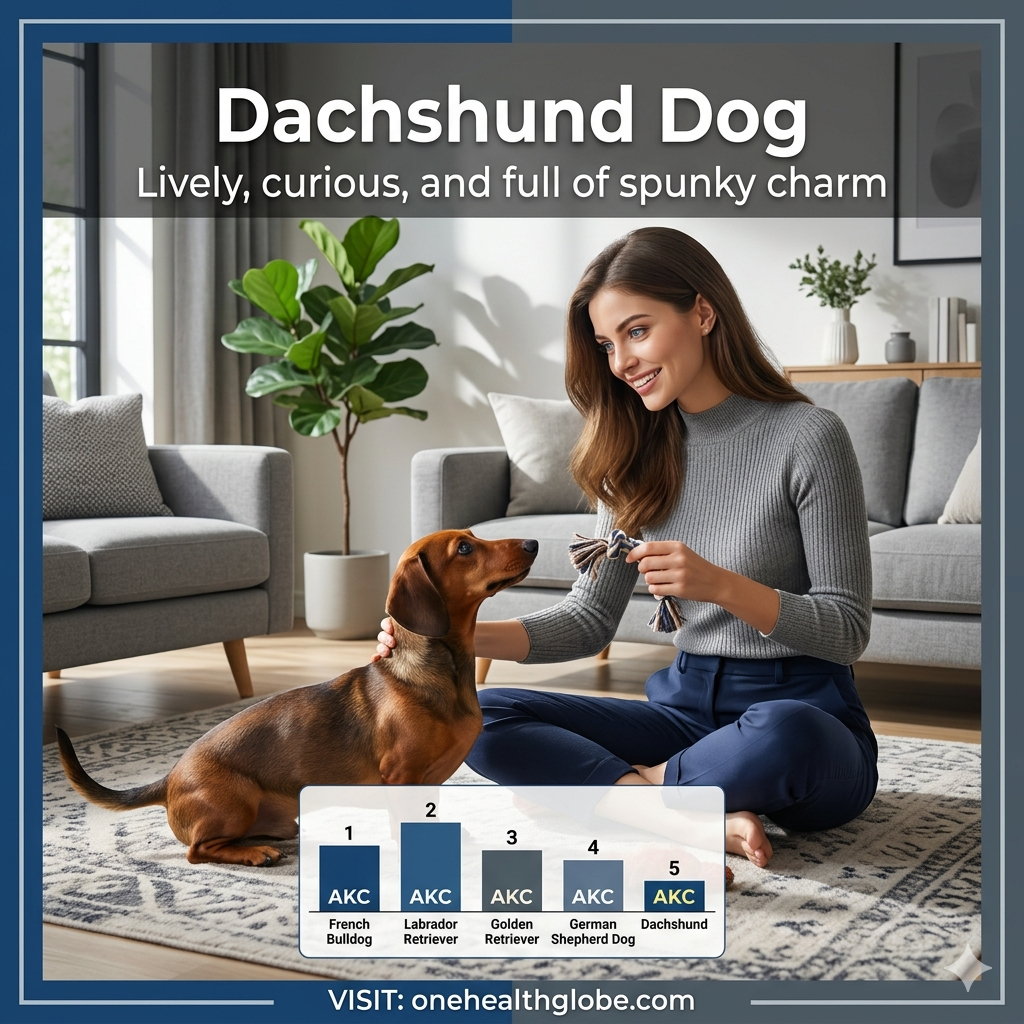 Dachshund dog with a stunning 25-year-old blue-eyed woman in a stylish home showing a lively spunky companion