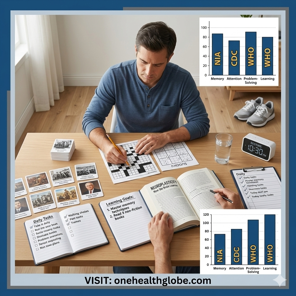 Cognitive exercises that can change your brain shown with reading, puzzles, movement, memory practice, and healthy daily habits