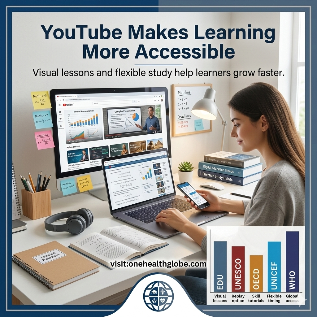 YouTube as a learning platform shown through a student using a laptop and smartphone to watch educational videos in a clean study space