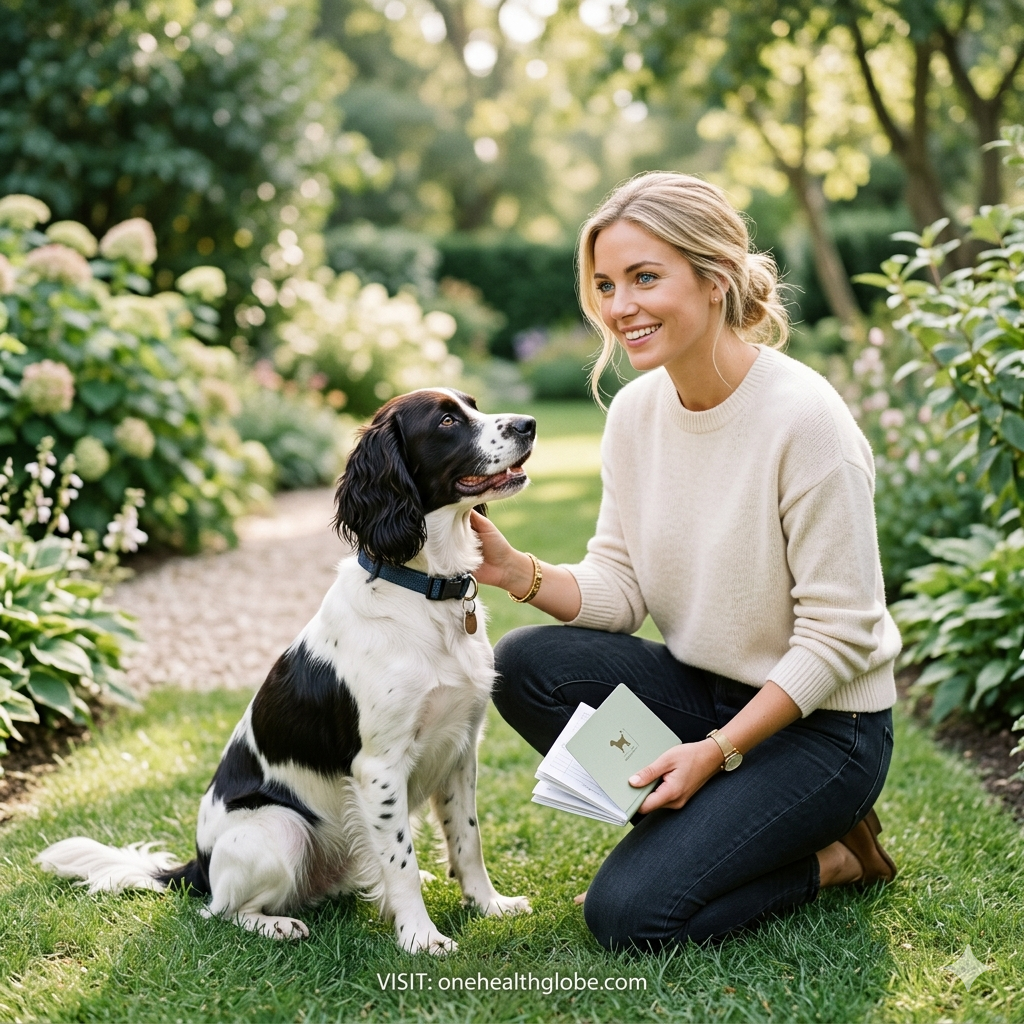 Woman kneeling beside a healthy dog outdoors during a calm preventive care moment, realistic veterinary wellness concept
