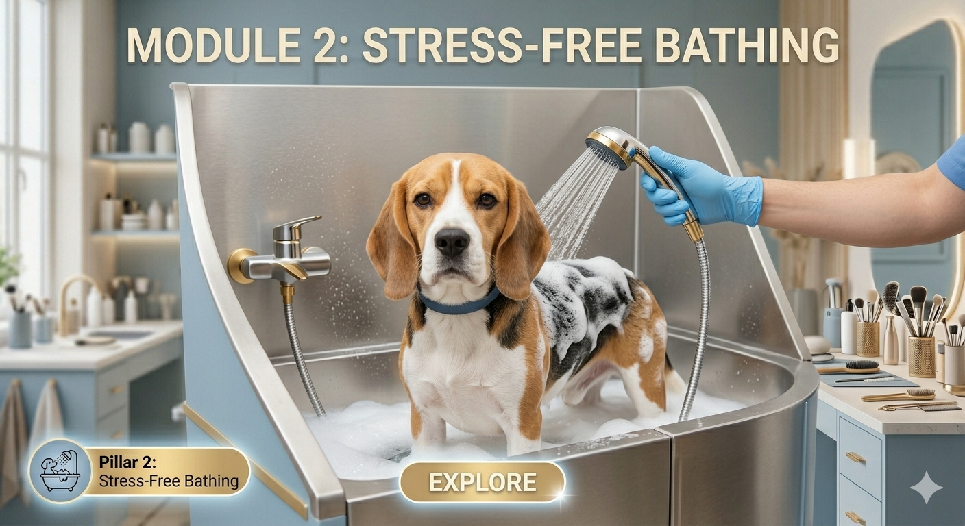 Dog grooming guide cover showing a well-groomed dog in a premium pet care setting