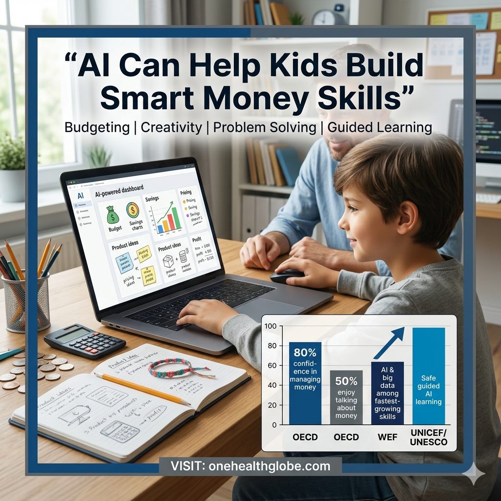 AI empowering kids in financial entrepreneurship with a child using a laptop to plan a small business budget