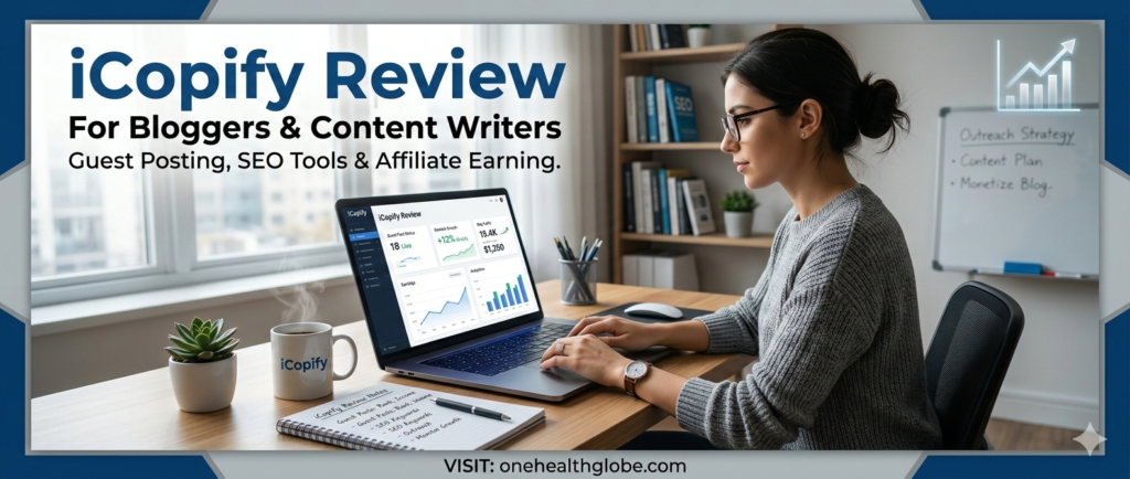 Realistic digital marketing workspace showing blogging, SEO analytics, guest posting tools, and affiliate growth for an iCopify review page