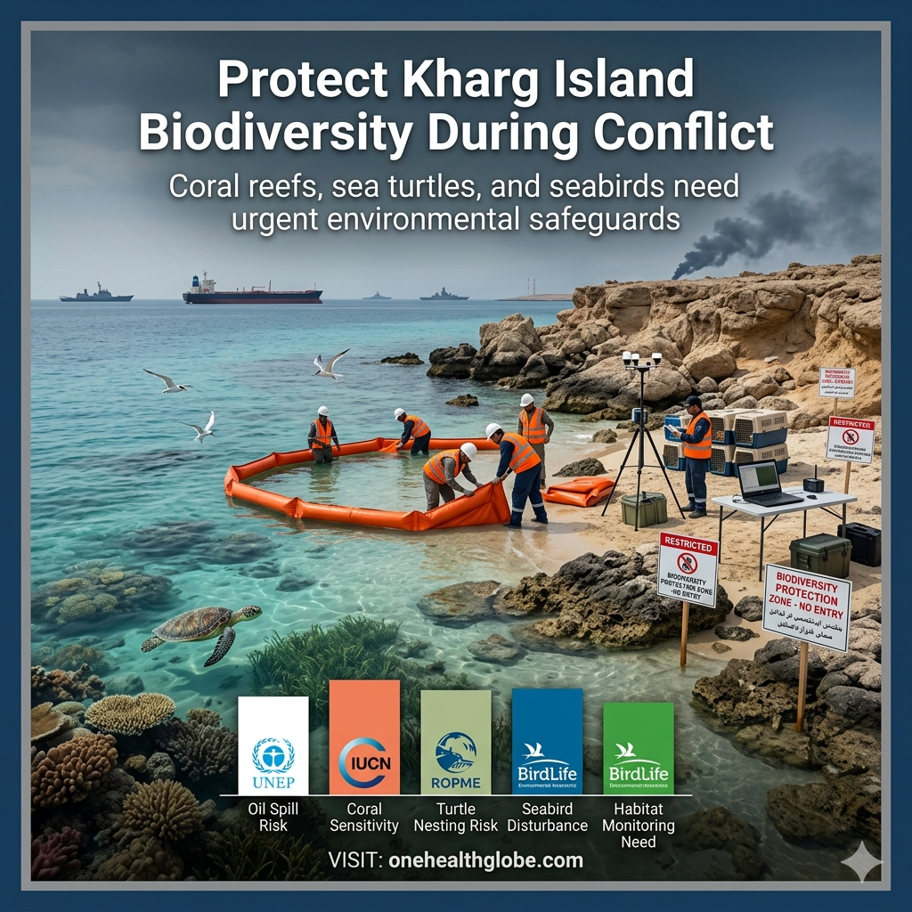 Kharg Island biodiversity protection showing coral reefs, seabirds, sea turtles, and oil-spill prevention during war tensions