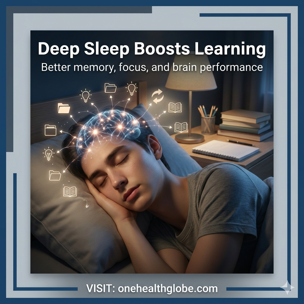 Deep sleep and learning visual showing a sleeping student brain processing memory, focus, and study performance