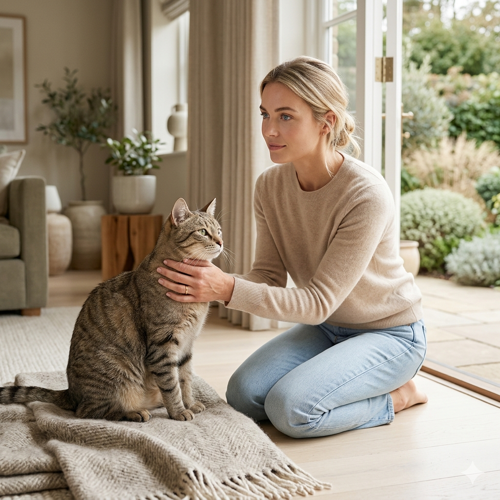 Realistic indoor-outdoor cat safety scene with a healthy cat near a doorway and natural greenery, focused on tick prevention awareness