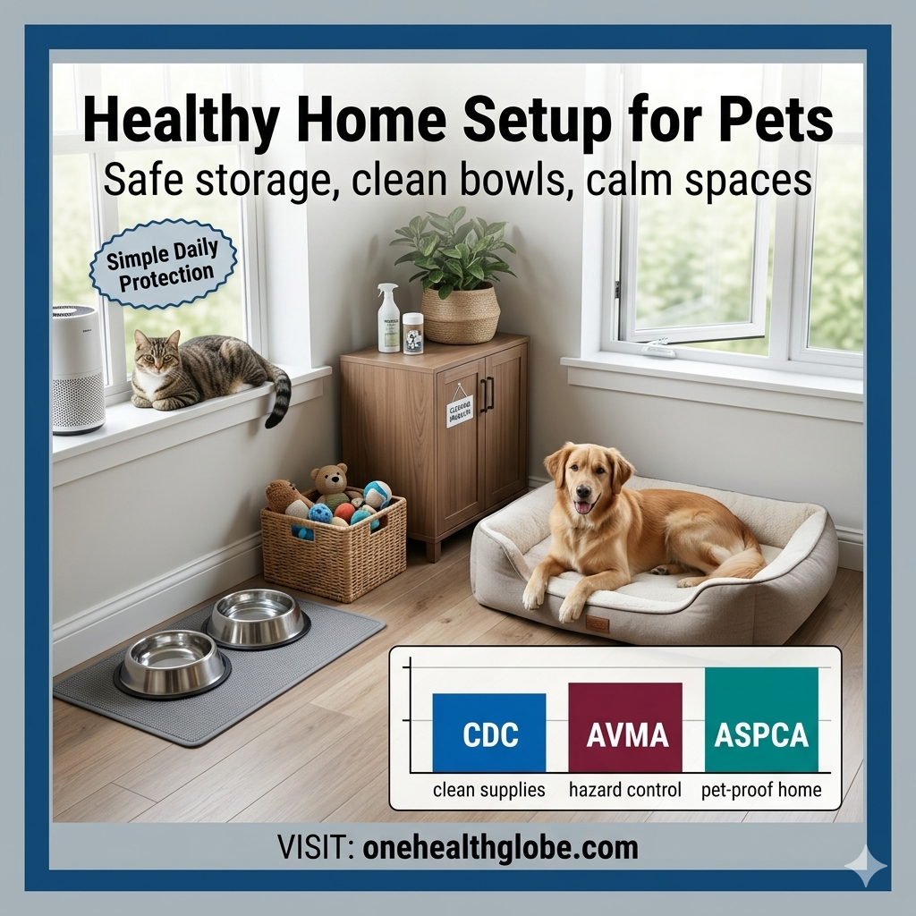 Healthy home setup for pets with a dog and cat in a clean bright room with safe bowls, bed, storage basket, and tidy pet zone