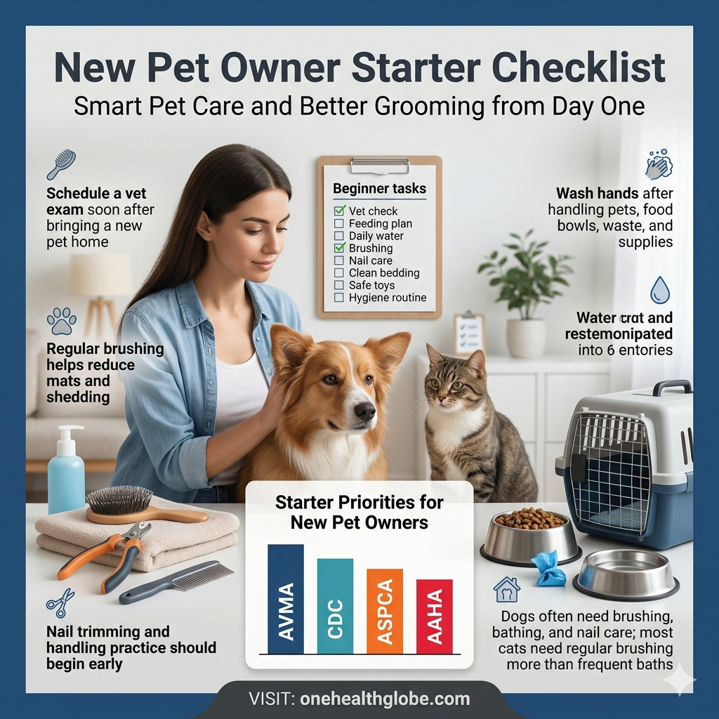 New pet owner checklist infographic showing pet care and better grooming basics for first-time dog and cat owners