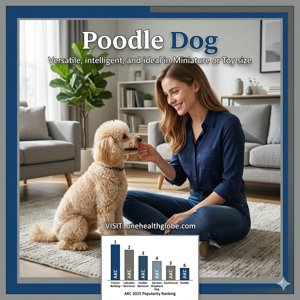 Poodle dog with a stunning 25-year-old blue-eyed woman in a stylish home showing a versatile Miniature or Toy companion
