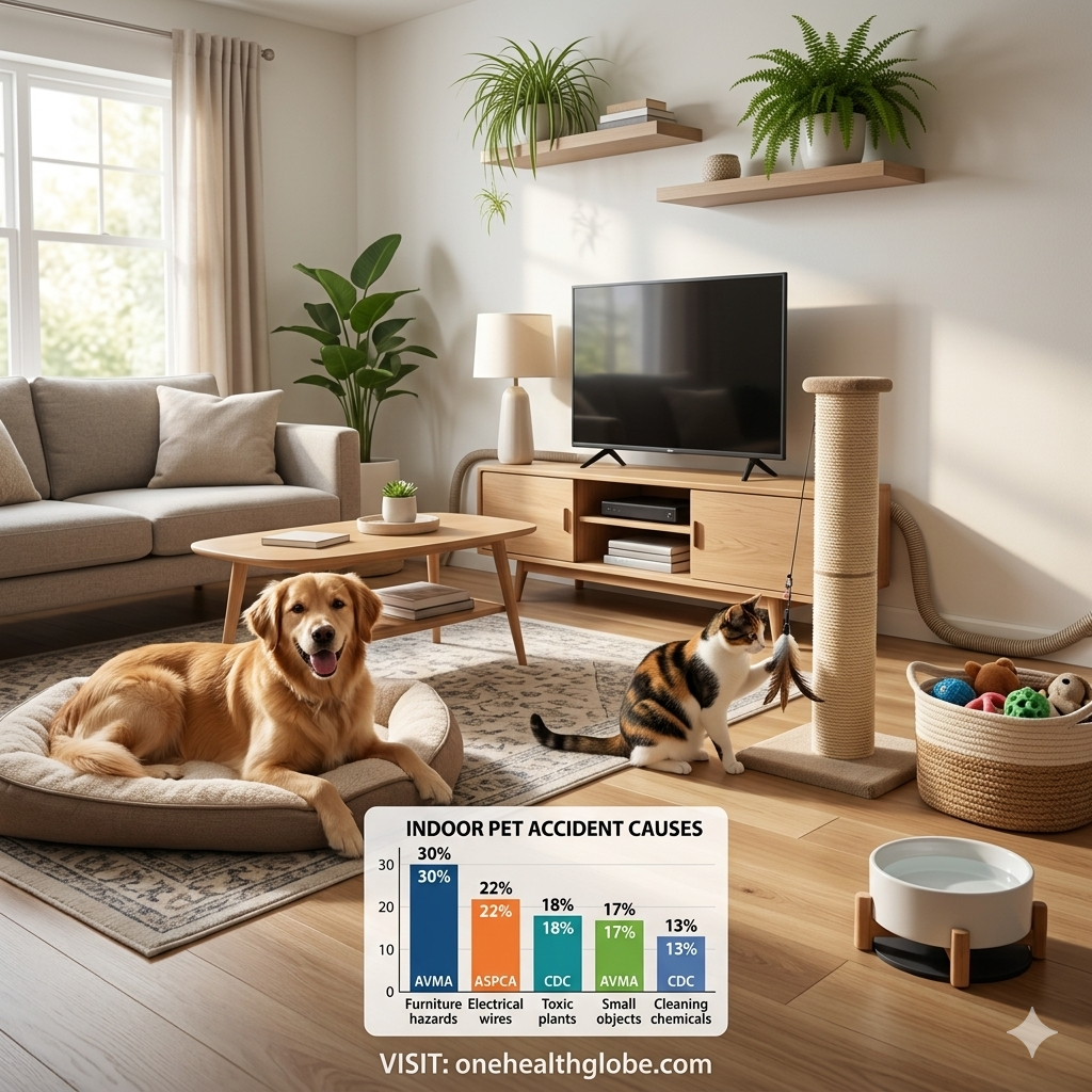 Safe indoor environment for pets showing a secure pet-friendly living room with hazard-free space for dogs and cats