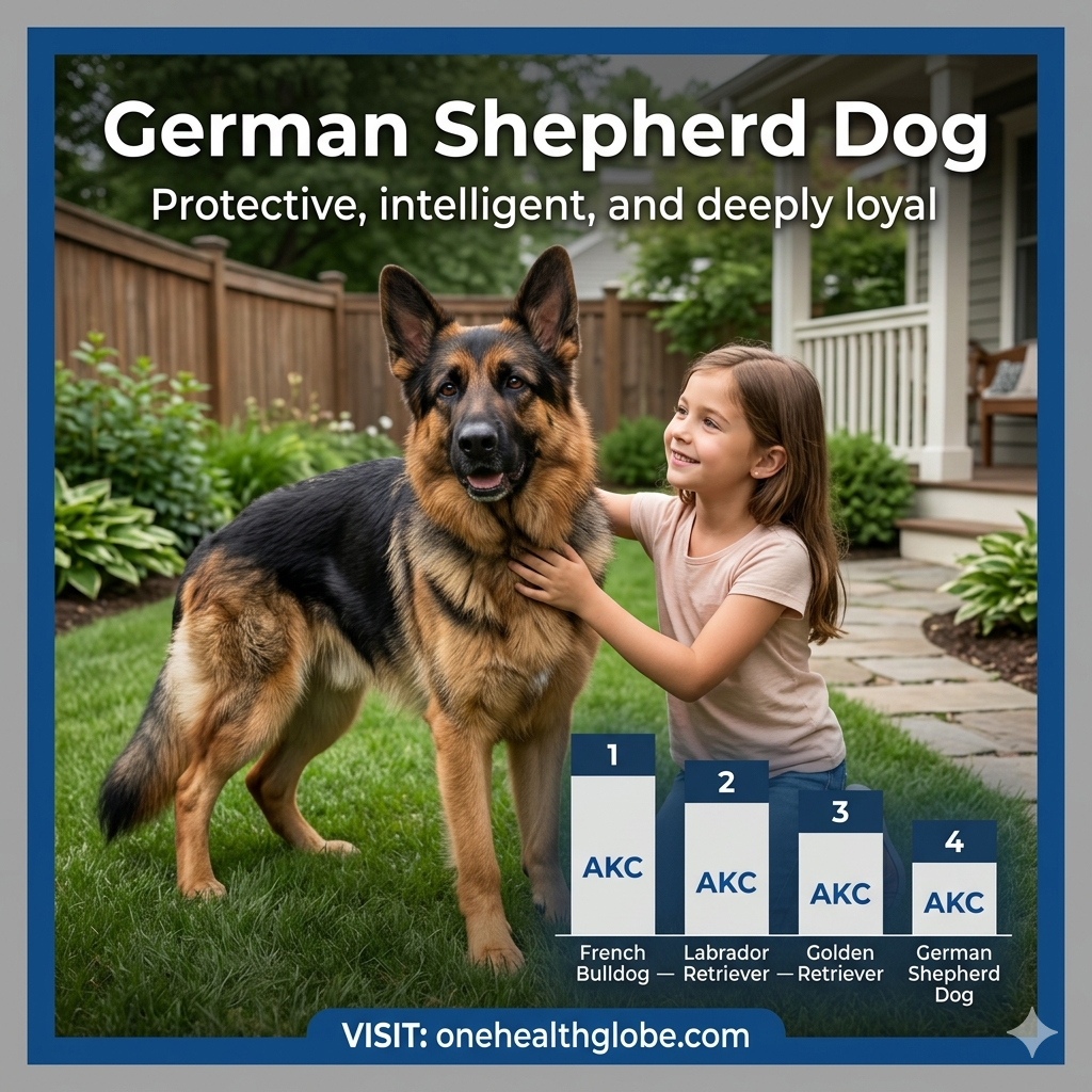 German Shepherd Dog with a young girl in a safe family yard showing a loyal protective companion