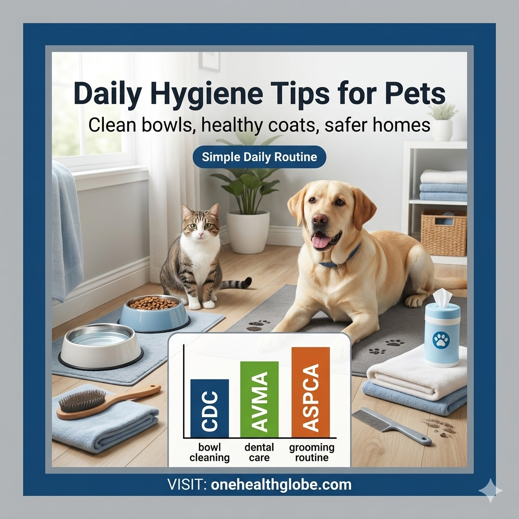 Daily hygiene tips for pets showing a clean dog and cat grooming routine at home with bowls, towel, brush, and hygiene checklist