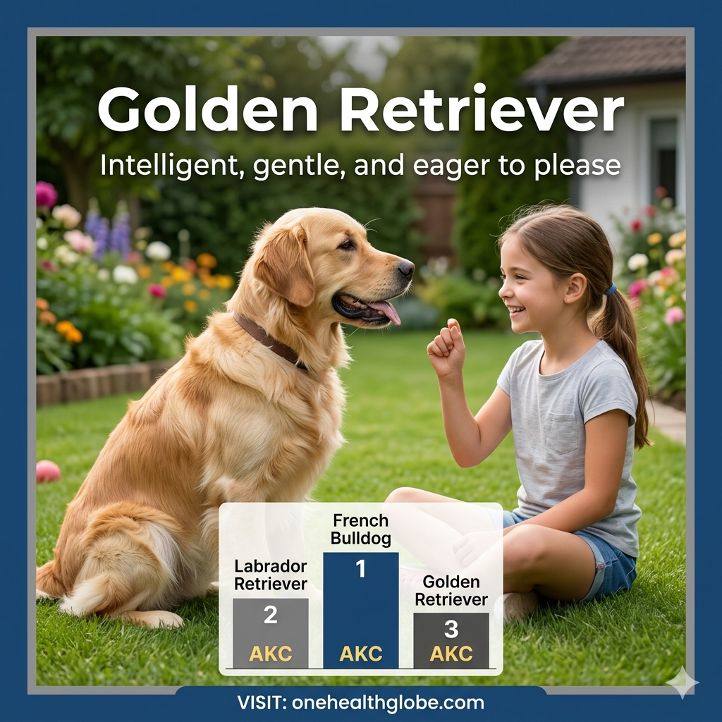 Golden Retriever with a cheerful young girl in a bright family garden showing an intelligent eager-to-please companion dog