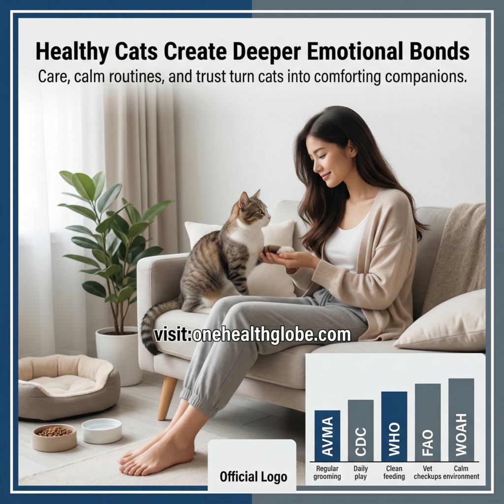 Healthy cat bond for young ladies shown through a stylish young woman calmly spending loving time with a clean, happy indoor cat