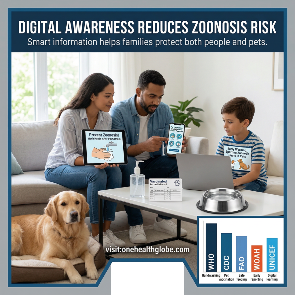 Digital awareness to minimize zoonosis spread shown through a family using a smartphone and laptop to learn pet safety, hygiene, and disease prevention
