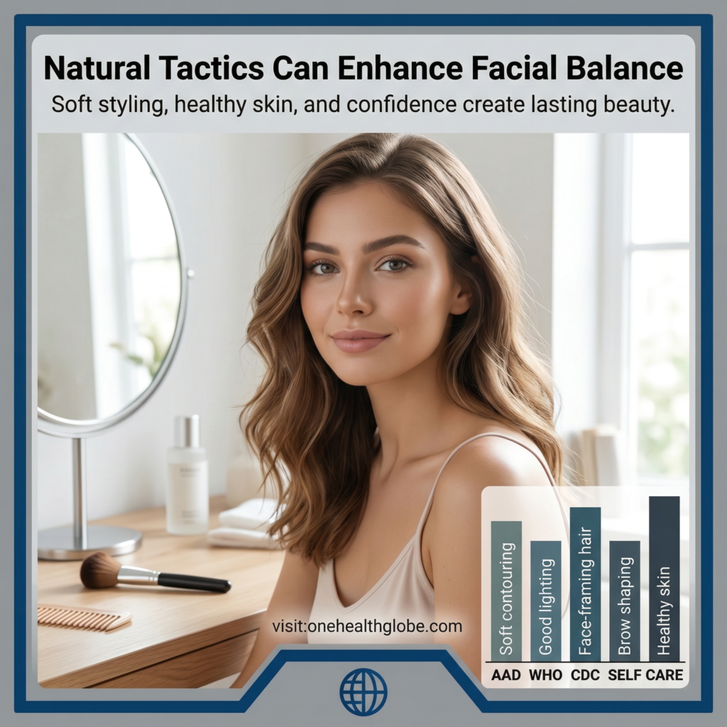 Nose shape improvement tactics shown through a young woman using safe makeup, hairstyle, and face-framing beauty techniques to enhance facial balance