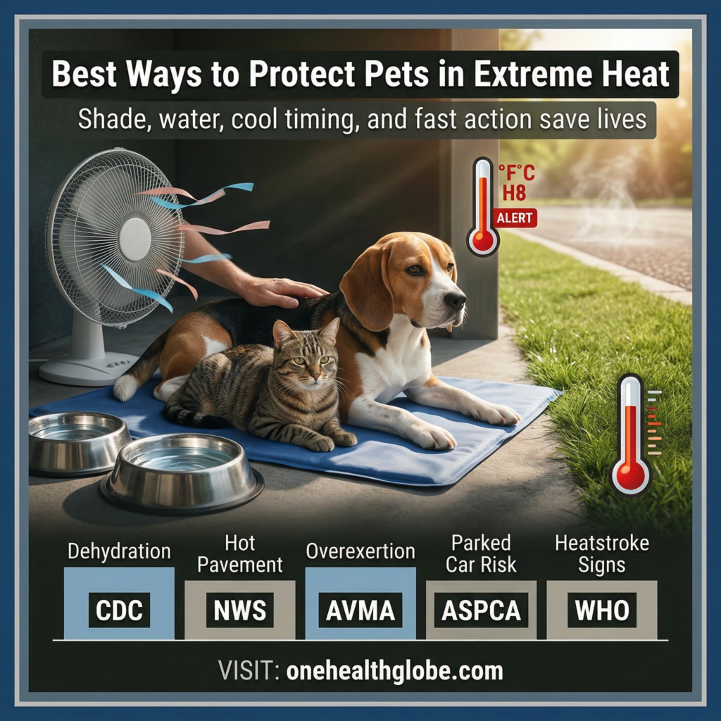 Pet protection in extreme heat watch with dog and cat staying cool in shade with water and heat safety visual
