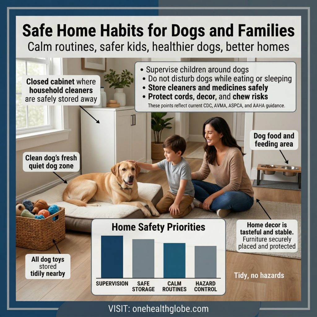 safe home habits for dogs and families in a clean indoor living room with supervised child and calm dog