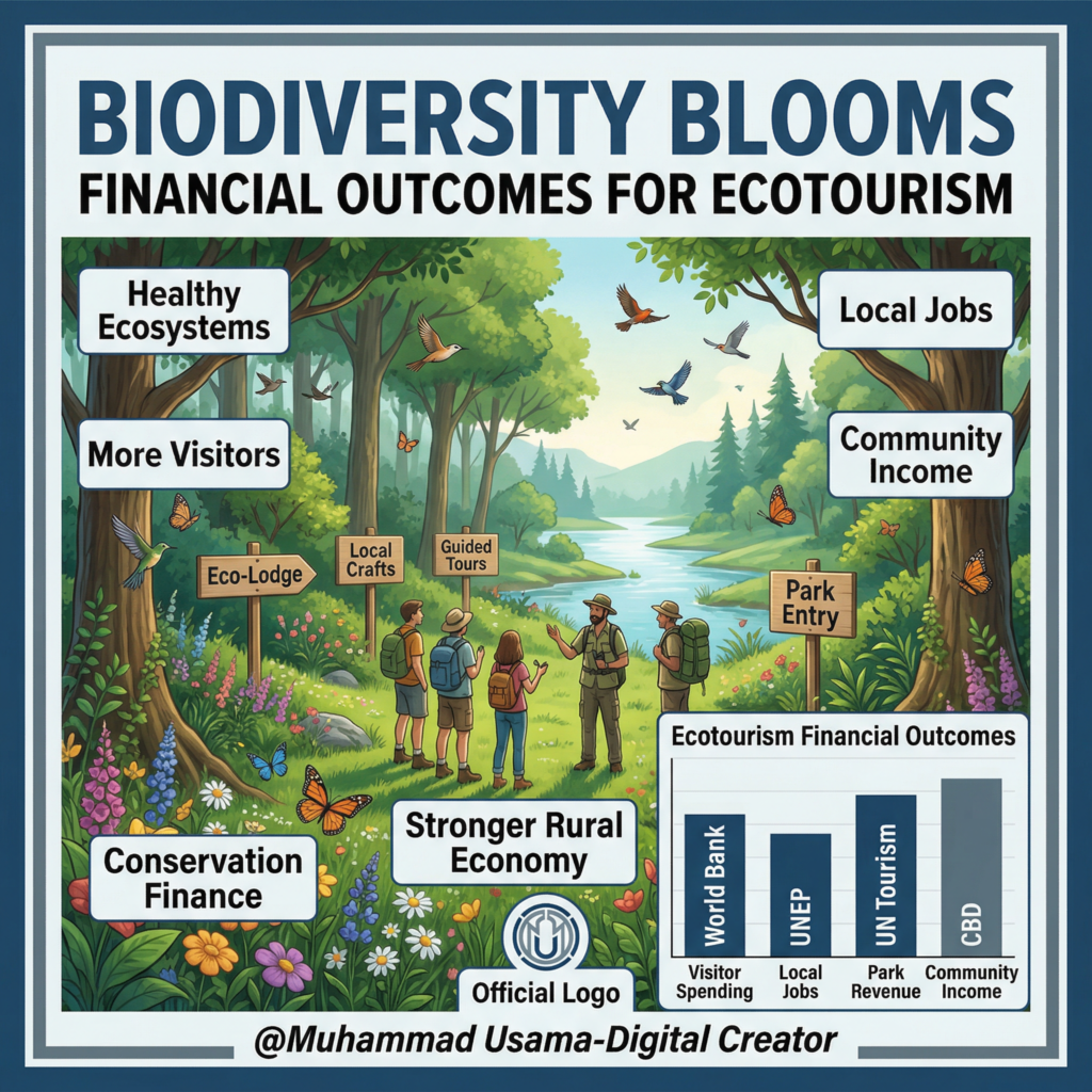 biodiversity blooms financial outcomes for ecotourism infographic showing nature, tourists, local jobs, and green income streams