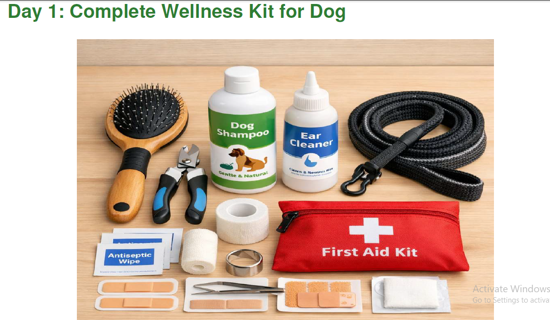 Day 1 dog wellness kit page thumbnail showing grooming and care tools