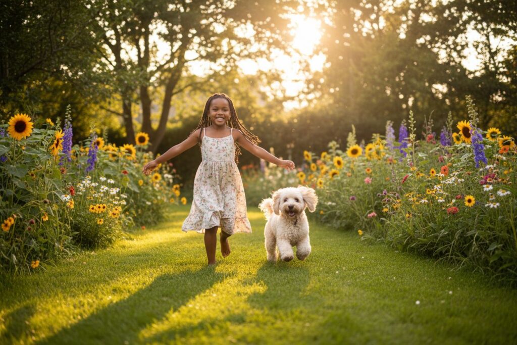 Cockapoo dog breed with a beautiful 25-year-old blue-eyed woman in a dress, playing naturally in a cheerful family home