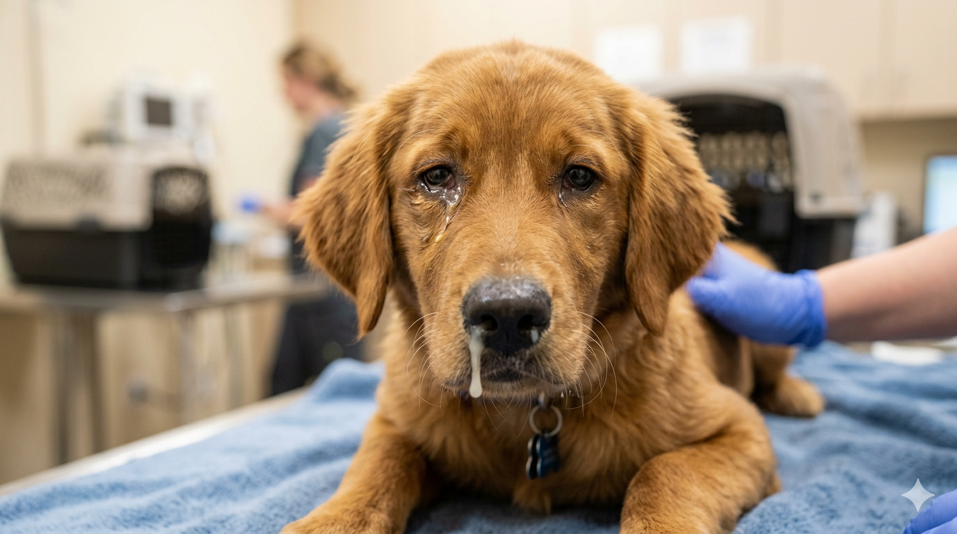 Dog with eye discharge caused by canine distemper symptoms