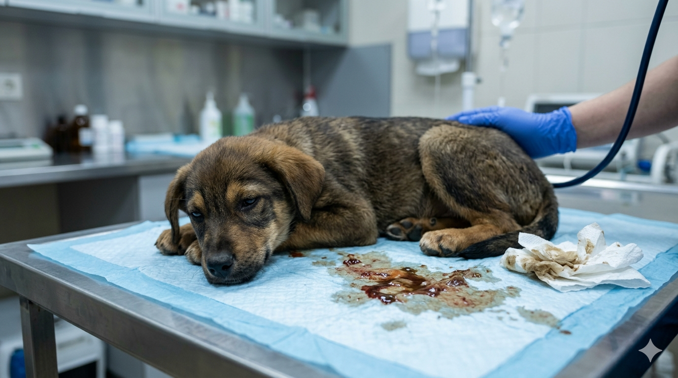 Bloody diarrhea warning sign in puppy with parvovirus
