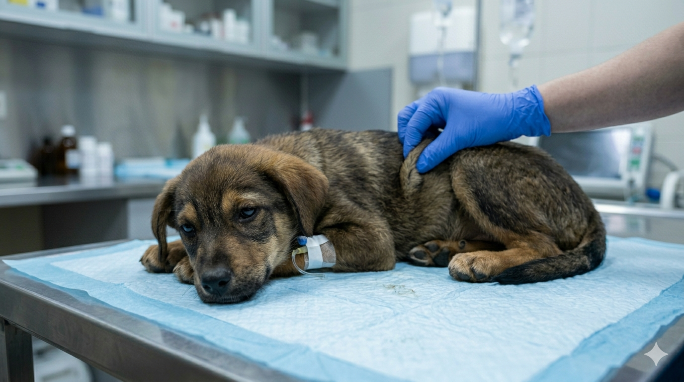 Weak dehydrated puppy needing urgent veterinary care
