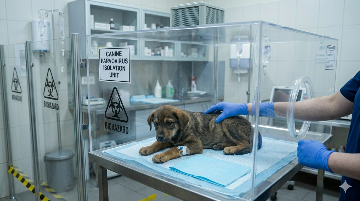 Dog receiving isolation care for parvovirus