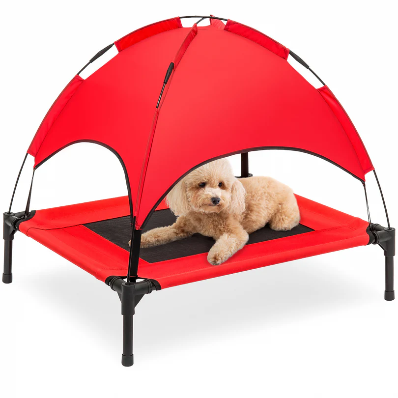 Elevated cooling dog bed with shade canopy