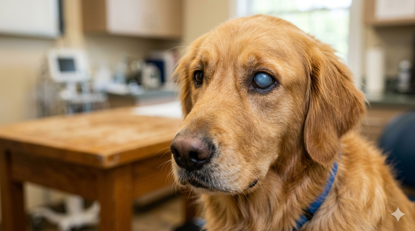 Dog with cloudy blue eye after infectious canine hepatitis