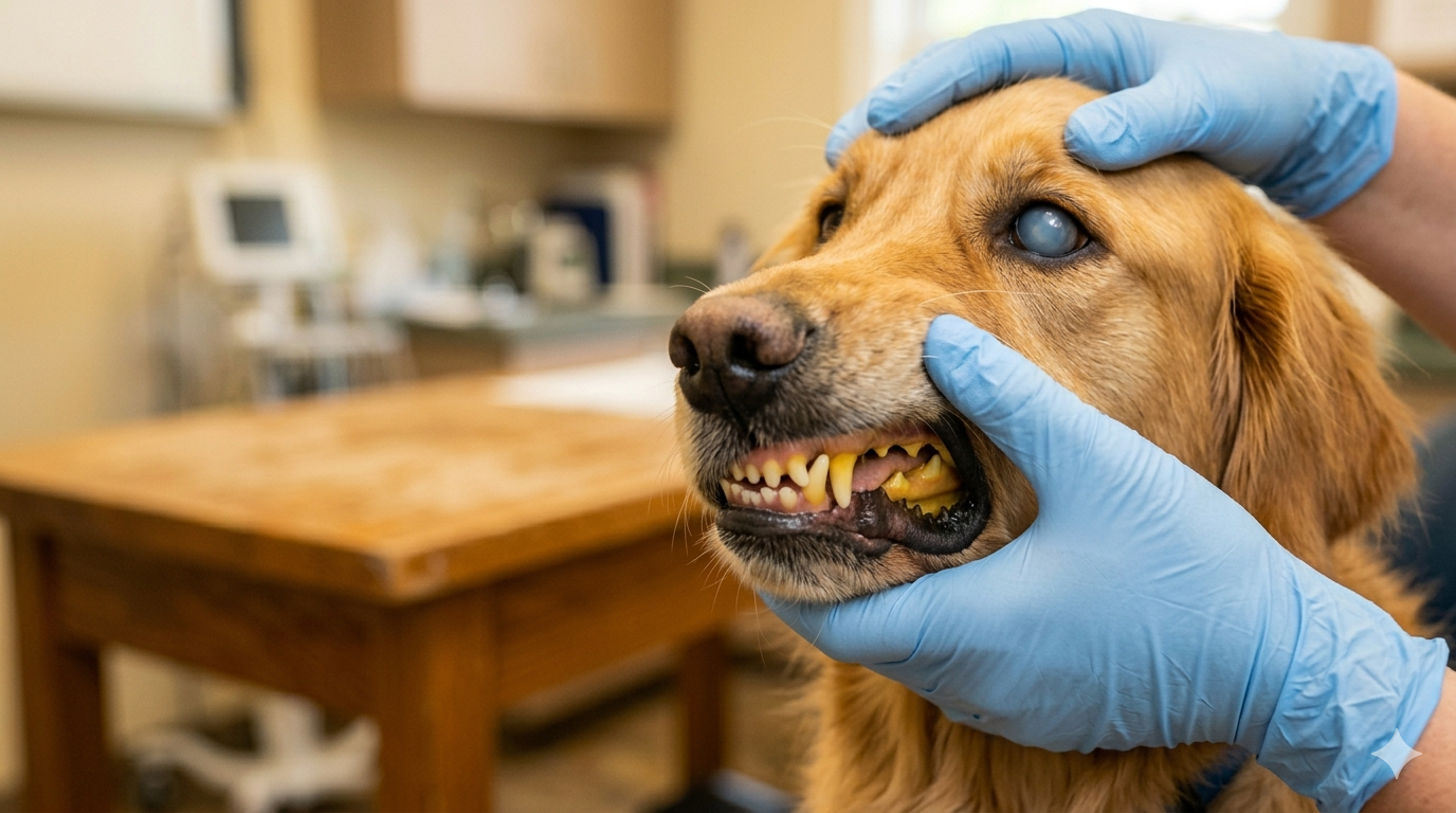Dog with yellow gums suggesting liver disease