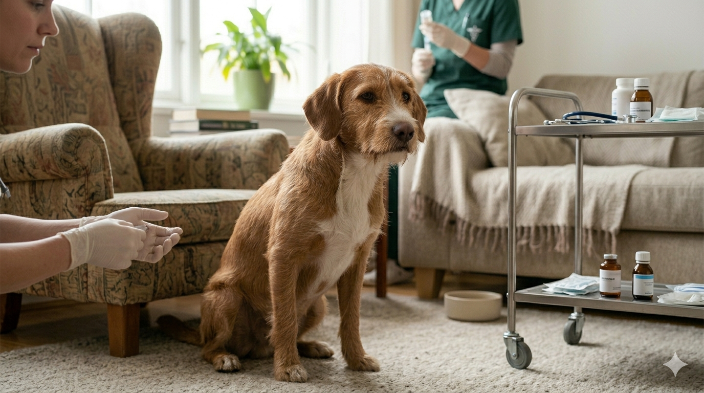 Veterinarian checking a dog with cough