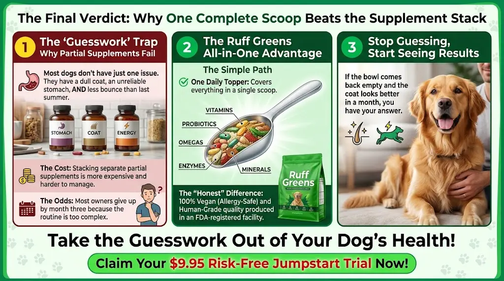 Ruff Greens benefits for dogs — key nutritional advantages infographic