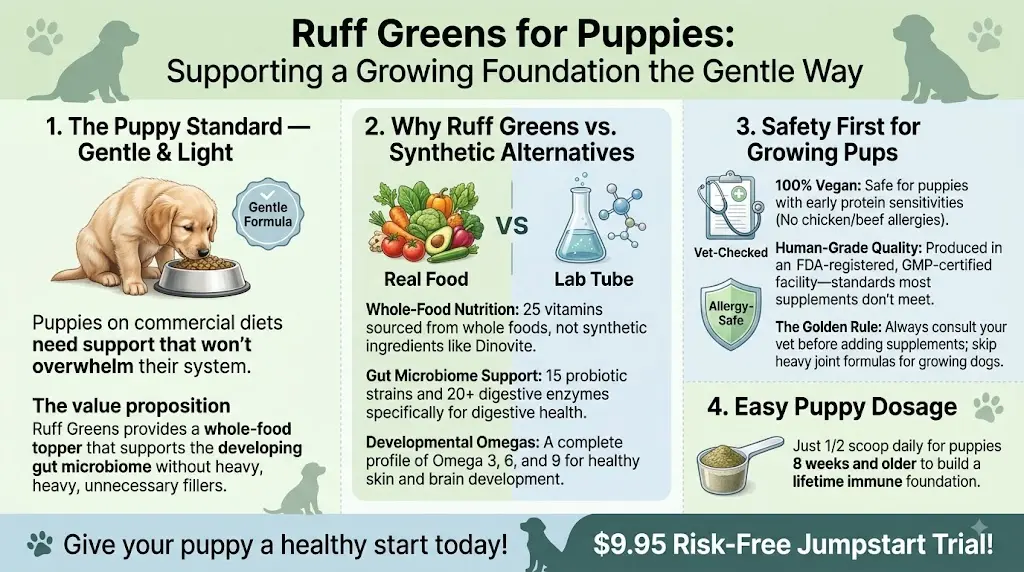 Ruff Greens for puppies — nutritional supplement benefits infographic